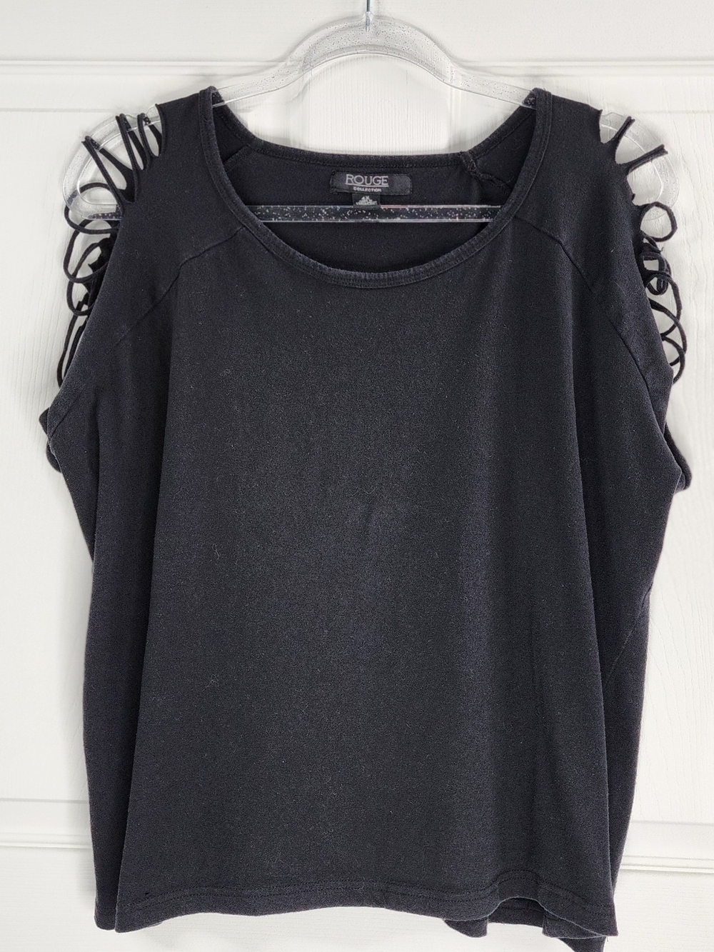 Rouge Collection 4X Black Cold Shoulder Shredded Sleeve Top Goth Punk Grunge Tee